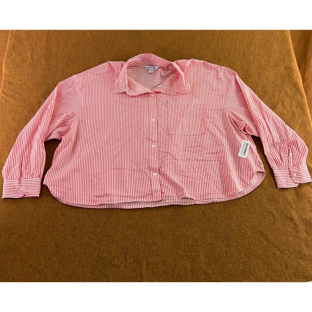 Old Navy Women 3X Red White Striped Cotton Cropped Button Down Shirt NWT